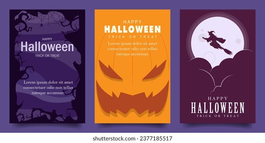 happy halloween vector design illustration background with scary frame forest, pumpkin and witch on moon theme design. for banner, poster, social media, promotion