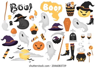 Happy Halloween vector elements clipart with cute pumpkins, ghosts, sweets, witch hats and shoes isolated on white background. Illustration for poster, greeting card, banner, party invitation