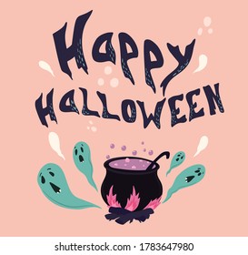 Happy halloween. Vector halloween emblem with ghosts and cauldron