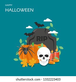 Happy Halloween vector flat illustration. Pumpkin, gravestone, skull, bats, candles, candy corns, maple leaves, black spider. Halloween party concept for invitation card poster web banner website page