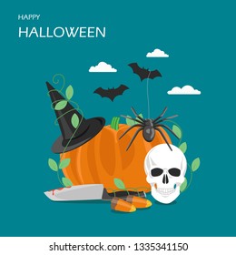 Happy Halloween vector flat illustration. Black spider, pumpkin, human skull, knife, bats, candy corns and witch hat. Halloween party concept for invitation card, poster, web banner, website page etc.