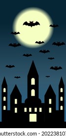 Vector de halloween feliz, diseño de ilustración plana de castigos, murciélagos y luna, luna nocturna de Halloween, adecuado para el día de halloween y celebración de Halloween