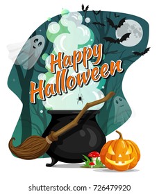 Happy Halloween. Vector flyer. Witcher cauldron with magic potion and steam in creepy dark forest with ghosts. Flying witches broom, amanita and pumpkin