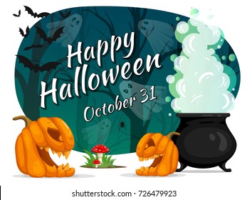 Happy Halloween. Vector flyer. Witcher cauldron with magic potion and steam in creepy dark forest with ghosts. Flying bats, poisonous mushrooms and pumpkins