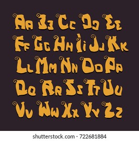 Happy halloween vector font, orange pumpkin color uppercase and lowercase abc signs. Letters for poster, flyer, card, invitation on halloween party.