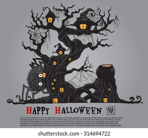 Happy Halloween vector. Giant spider and tree with houses.