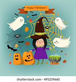 Happy Halloween vector. Girl witch in hat and cloak. Traditional items for celebrating: cauldron, pumpkin, ghosts.