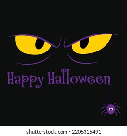 Happy Halloween vector graphic background illustration holiday card with spooky eyes and a cartoon spider