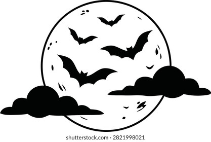 Happy halloween vector graphic of full moon with bats and clouds halloween illustration fullmoon seasonal silhouette creature mysterious celestial atmosphere frightening isolated nighttime