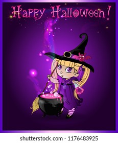 Happy halloween vector greeting card with kawaii anime baby witch girl in costume and funny bat on her hat mixing with broomstick boiling potion in pot on purple glowing background with sparkling.