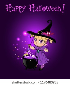 Happy halloween vector greeting card with cute blonde little baby witch girl in costume and funny bat on her hat mixing with broom boiling potion in pot on purple glowing background with sparkling.