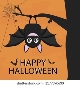 Happy Halloween Vector  Greeting card   Bat hanging tree  Cute cartoon baby character and big open wing  mouth  ears  Black silhouette  Forest animal  Flat design  Orange background  Isolated  