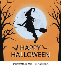 Happy Halloween Vector. Greeting card.  
The witch flies on a broomstick against the background of a full glowing moon. The witch flies on a broom in the woods at night. Black silhouette. 