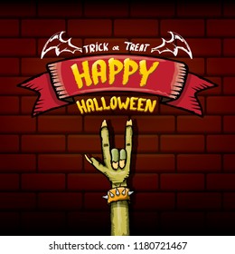 Happy halloween vector greeting card with zombie hand and greeting text on dark brikc wall background. vector halloween background or poster