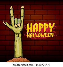 Happy halloween vector greeting card with zombie hand and greeting text on dark brikc wall background. vector halloween background or poster