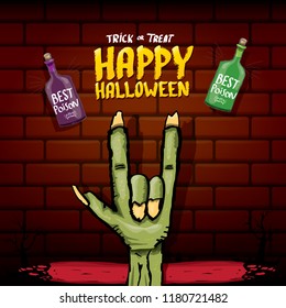 Happy halloween vector greeting card with zombie hand and greeting text on dark brikc wall background. vector halloween background or poster