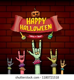 Happy halloween vector greeting card with zombie hand and greeting text on dark brikc wall background. vector halloween background or poster