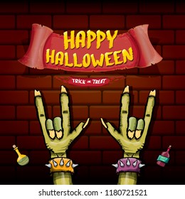 Happy halloween vector greeting card with zombie hand and greeting text on dark brikc wall background. vector halloween background or poster