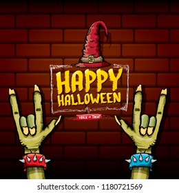 Happy halloween vector greeting card with zombie hand and greeting text on dark brikc wall background. vector halloween background or poster