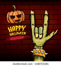 Happy halloween vector greeting card with zombie hand and greeting text on dark brikc wall background. vector halloween background or poster
