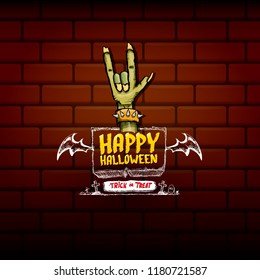 Happy halloween vector greeting card with zombie hand and greeting text on dark brikc wall background. vector halloween background or poster
