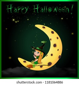 Happy halloween vector greeting card with cute ginger little baby witch girl in green costume with broom, wand and funny bat on her hat sitting on the moon on night sky with sparkling stars background