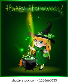 Happy halloween vector greeting card with cute blonde little baby witch girl in costume and funny bat on her hat mixing with broom boiling potiong in pot on green glowing background with sparkling.