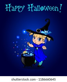 Happy halloween vector greeting card with cute blonde little baby witch girl in costume and funny bat on her hat mixing with broom boiling potiong in pot on blue glowing background with sparkling.