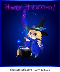 Happy halloween vector greeting card with cute blonde little baby witch girl in costume and funny bat on her hat mixing with broom boiling potiong in pot on blue glowing background with sparkling.