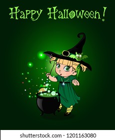 Happy halloween vector greeting card with cute blonde little baby witch girl in costume and funny bat on her hat mixing with broom boiling potiong in pot on green glowing background with sparkling.