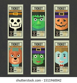 Happy halloween vector greeting card template set with ghost cartoon character collection , Ticket vector template halloween party collection.