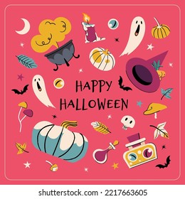 Happy Halloween vector greeting card  Cute cartoon Illustration and cauldron  potion bottle  scull  pumpkin  witch hat  bat pink background