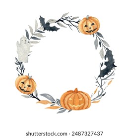 Happy halloween vector greeting card. Watercolor card with pumpkins.