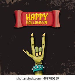 Happy halloween vector greeting card with zombie hand. vector halloween background