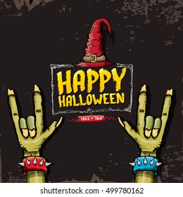 Happy halloween vector greeting card with zombie hand. vector halloween background