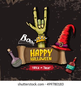 Happy halloween vector greeting card with zombie hand. vector halloween background