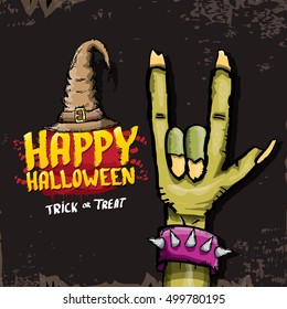 Happy halloween vector greeting card with zombie hand. vector halloween background