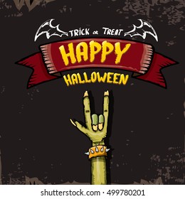 Happy halloween vector greeting card with zombie hand. vector halloween background