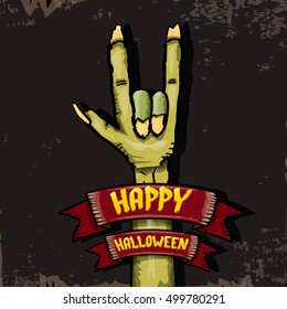 Happy halloween vector greeting card with zombie hand. vector halloween background