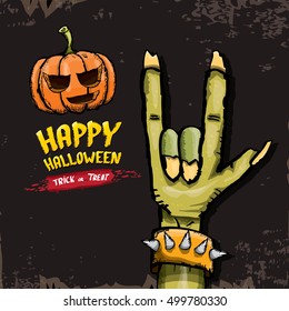 Happy halloween vector greeting card with zombie hand. vector halloween background