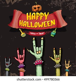 Happy halloween vector greeting card with zombie hand. vector halloween background