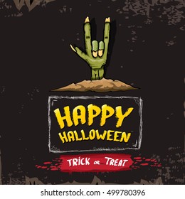 Happy halloween vector greeting card with zombie hand. vector halloween background