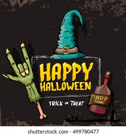 Happy halloween vector greeting card with zombie hand. vector halloween background