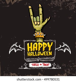 Happy halloween vector greeting card with zombie hand. vector halloween background