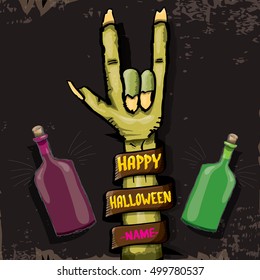 Happy halloween vector greeting card with zombie hand. vector halloween background