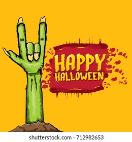 Happy halloween vector greeting card with rock n roll gesture green monster zombie hand and hand drawn calligraphic text on orange background. vector hand drawn halloween design elements set