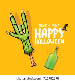 Happy halloween vector greeting card with rock n roll gesture green monster zombie hand and hand drawn calligraphic text on orange background. vector hand drawn halloween design elements set