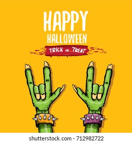 Happy halloween vector greeting card with rock n roll gesture green monster zombie hand and hand drawn calligraphic text on orange background. vector hand drawn halloween design elements set