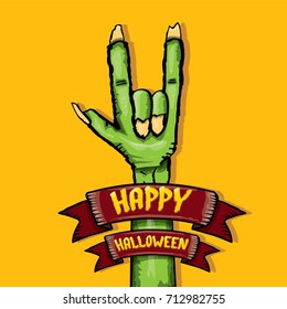 Happy halloween vector greeting card with rock n roll gesture green monster zombie hand and hand drawn calligraphic text on orange background. vector hand drawn halloween design elements set