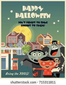Happy Halloween vector greeting card with spooky monsters.